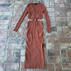 House of Harlow 1960 Brown Dress Ribbed Cutout Waist Long Sleeve Size S V-Neck